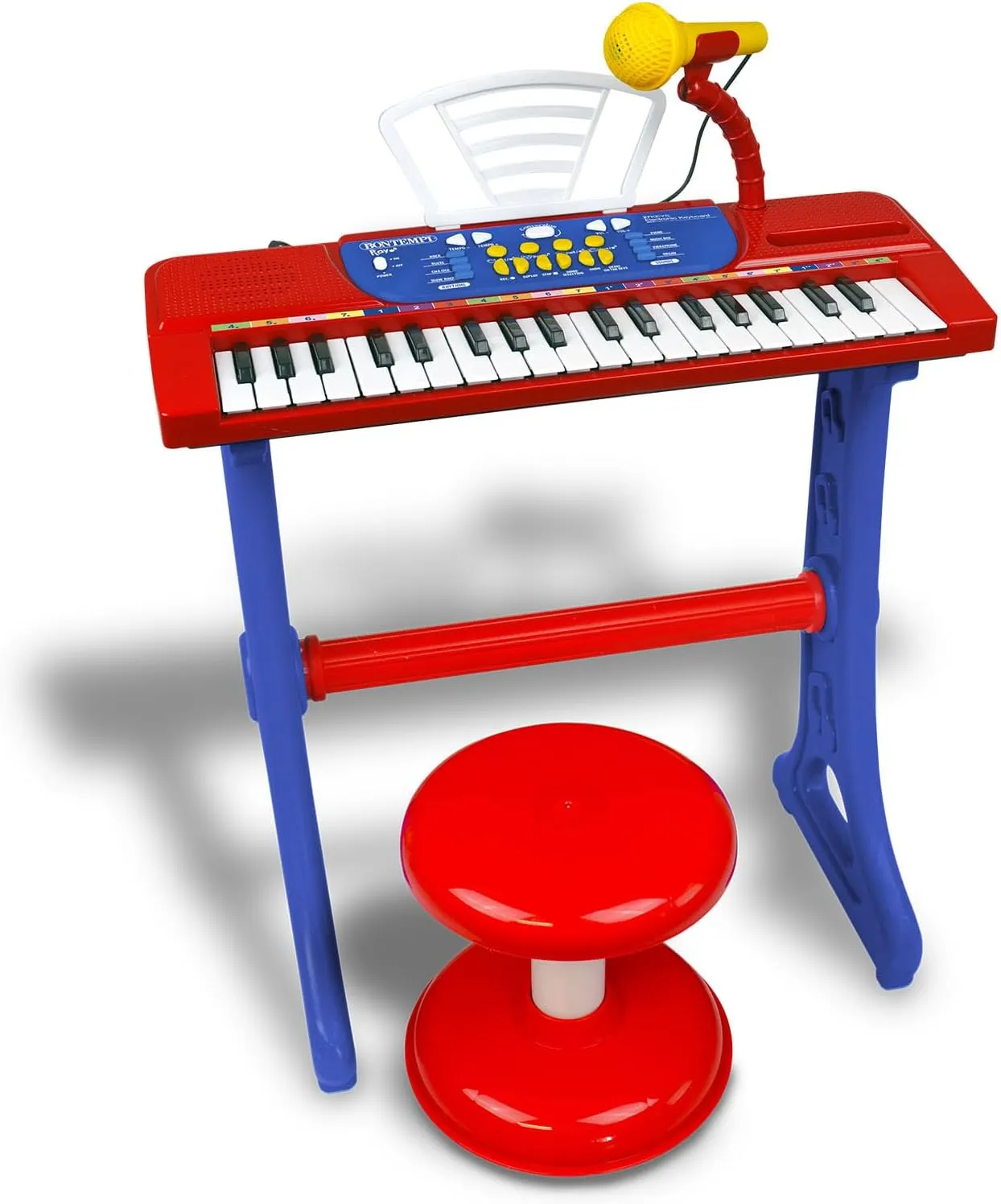 | MiniKeyFun - Tastiera Giocattolo a 37 Tasti per Piccoli Musicisti con Microfono, Sgabello e Leggio, Blu e Rosso, 54.5x33x16cm