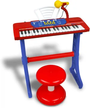 | MiniKeyFun - Tastiera Giocattolo a 37 Tasti per Piccoli Musicisti con Microfono, Sgabello e Leggio, Blu e Rosso, 54.5x33x16cm