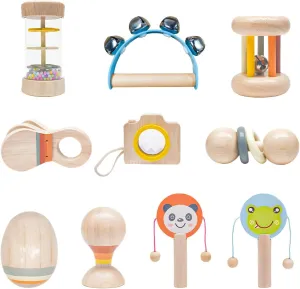 10 PCS Wooden Baby Toys Set-Organic Infant Rattles Newborns 0-6 Month & Montessori-Inspired Musical Instruments for 0-12 Month - Natural Toddler Developmental Toys