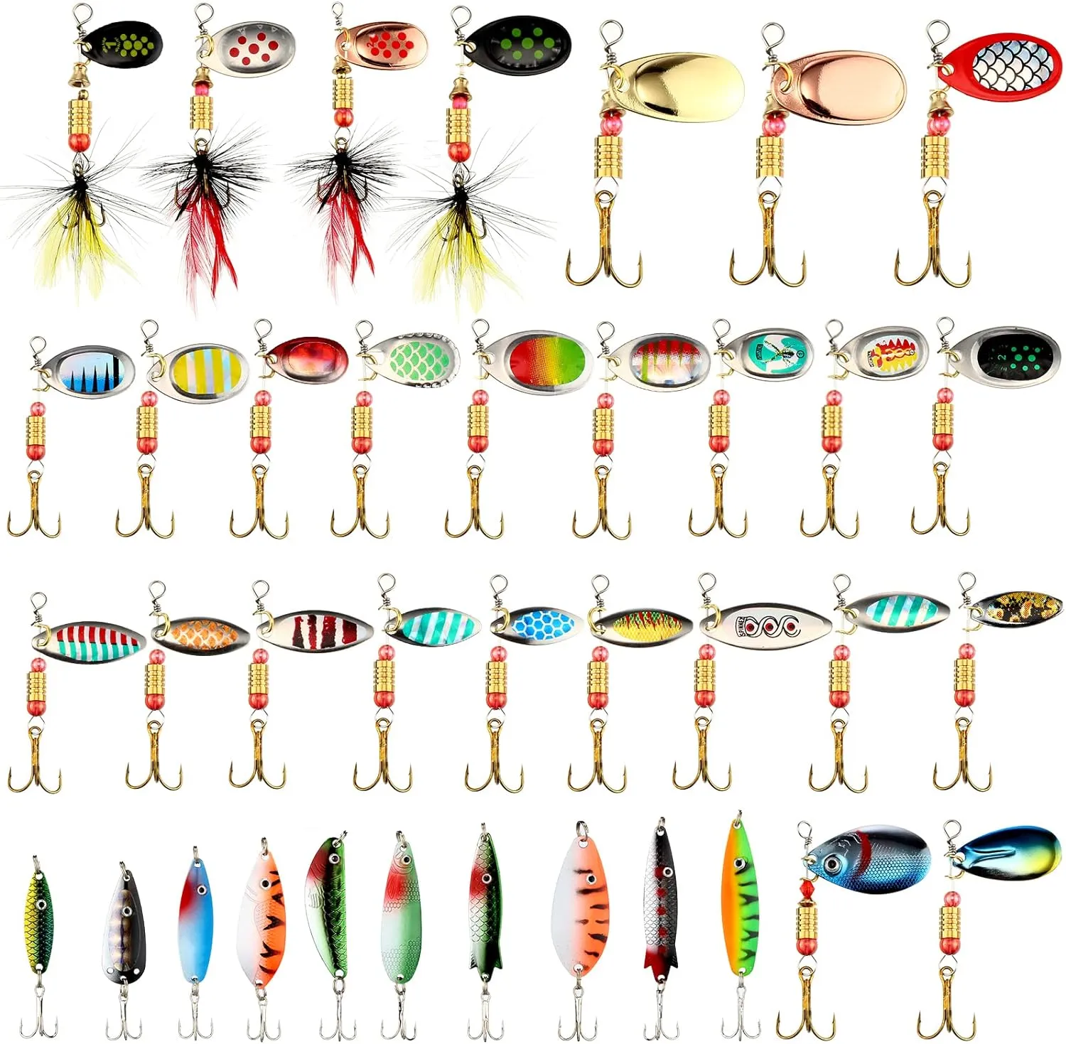 100 Pcs Fishing Lures Spinner Baits Metal Trout Lures Fishing Spinners and Spinnerbaits Metal Baits Kit with 4 Pcs Tackle Box for Salmon Bass Walleye Crappie