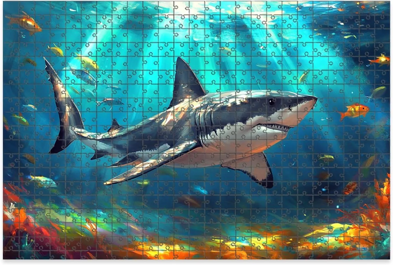 1000 Piece Jigsaw Puzzle Game, Colorful Vibrant Shark Fish Underwater Wall Art Large Puzzles Artwork for Adults Teens Challenging Puzzle Game Nights Toy Gift