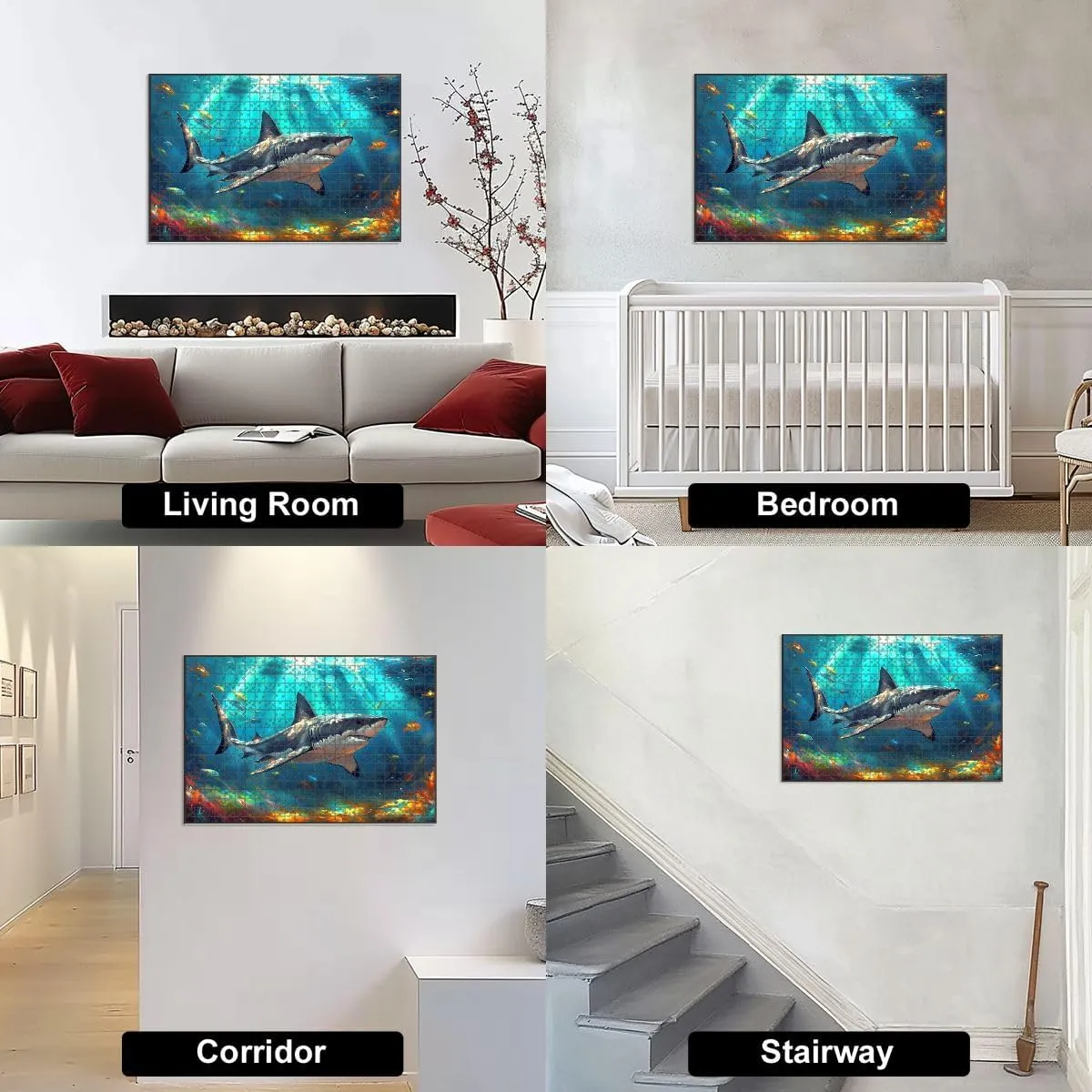 1000 Piece Jigsaw Puzzle Game, Colorful Vibrant Shark Fish Underwater Wall Art Large Puzzles Artwork for Adults Teens Challenging Puzzle Game Nights Toy Gift