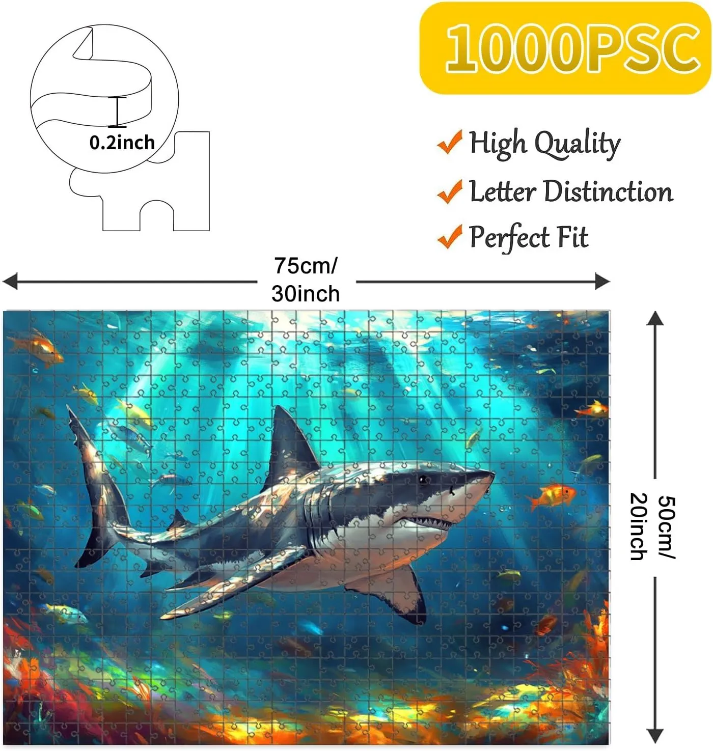 1000 Piece Jigsaw Puzzle Game, Colorful Vibrant Shark Fish Underwater Wall Art Large Puzzles Artwork for Adults Teens Challenging Puzzle Game Nights Toy Gift