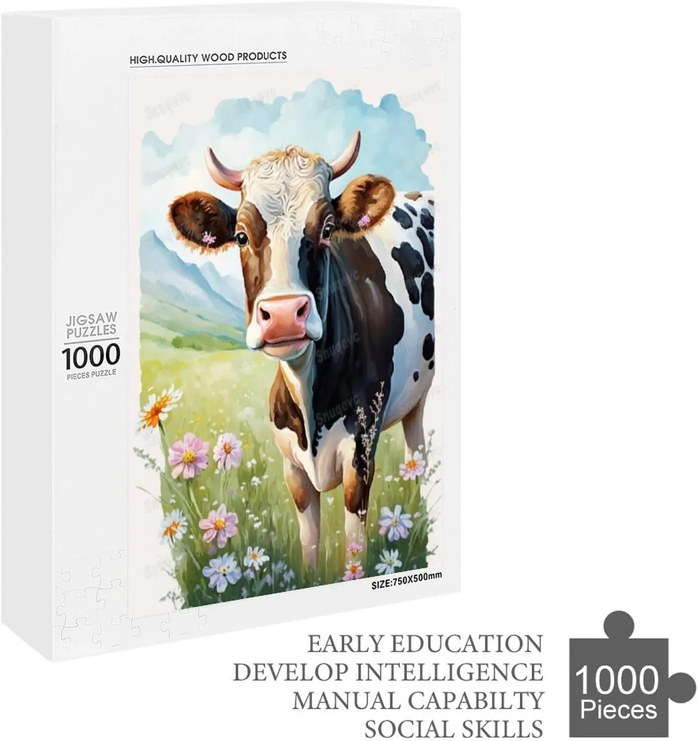 1000 Pieces Jigsaw Puzzle for Adults - Grassland Cow Inspirational Wooden Jigsaw Puzzles for Family Activities Games