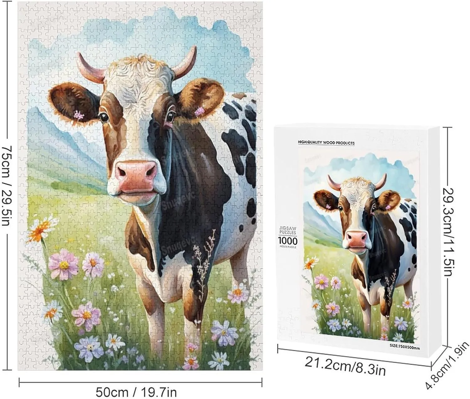 1000 Pieces Jigsaw Puzzle for Adults - Grassland Cow Inspirational Wooden Jigsaw Puzzles for Family Activities Games