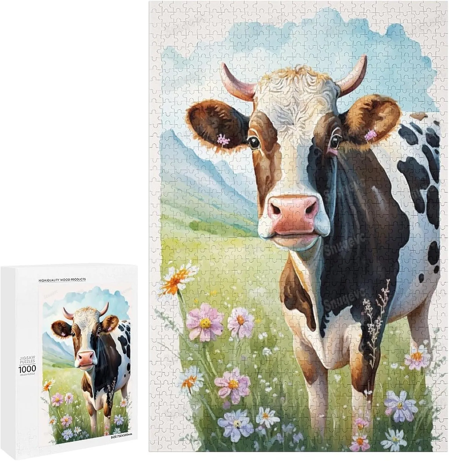 1000 Pieces Jigsaw Puzzle for Adults - Grassland Cow Inspirational Wooden Jigsaw Puzzles for Family Activities Games