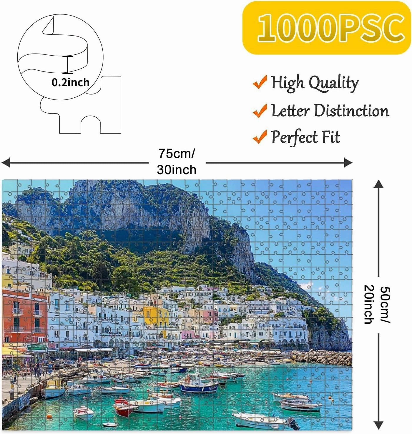 1000 Piece Jigsaw Puzzle Game, Colorful Capri Island Landscape Marina Grande Large Puzzle Artwork for Adults Teens Challenging Puzzle Game Nights Toy Gift