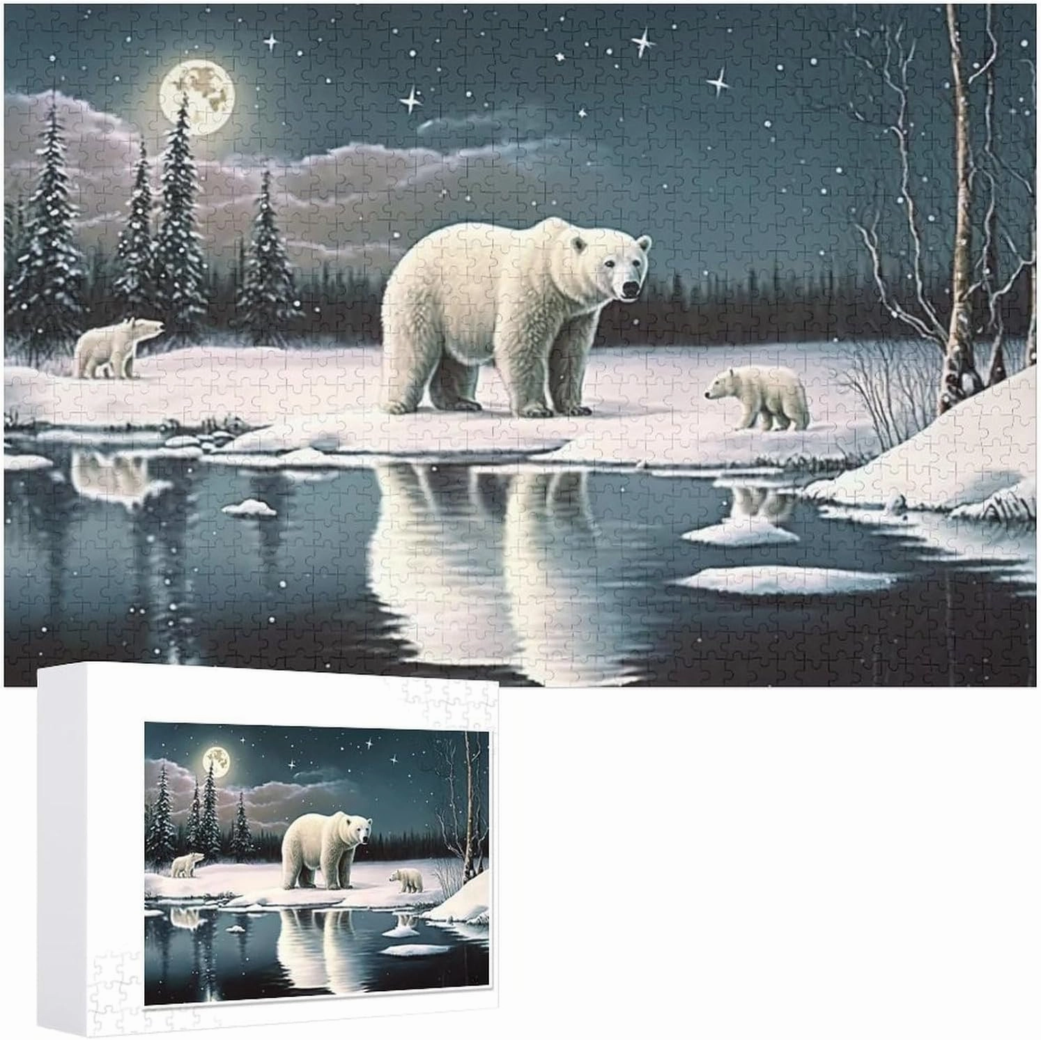 1000 Pieces Jigsaw Puzzle for Adults - Winter Polar Bear Puzzles - Starry Night Animal Puzzle Challenging Educational Toys Gifts for Home Decor Family Activities