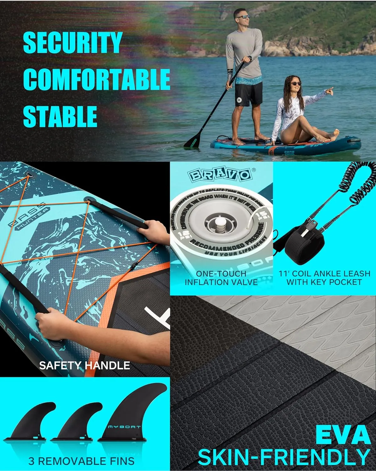 11'6"×34"×6" Extra Wide Inflatable Paddle Board, Stand Up Paddle Board for Fishing, Sup Board with 3 Removable Fins, Dual Bungees, Camera Mount, Hand Pump, Strong Paddle, 5L Dry Bag, Leash