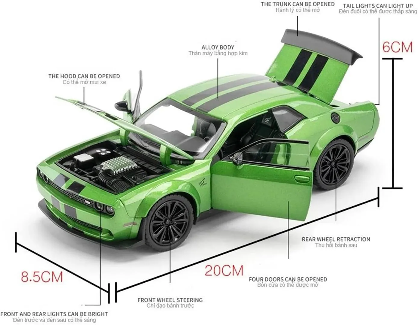 1:22 for Dodge Challenger SRT Hellcat Demon Eyes Alloy Diecast Model Car Supercar Light Sound Collectibles Toys Simulation Vehicle Playset(Green)