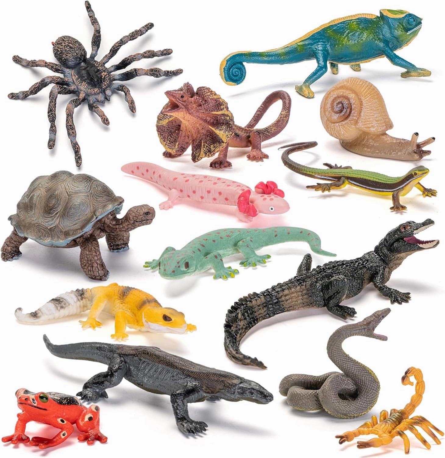 14PCS Reptile Animal Figurines Toys, Desert Amphibians Diorama Toys with Axolotl,Lizard,Snake,Spider,Komodo Dragon,Alligator Rainforest Cold Blooded Animals Figures Party Favor for Kids