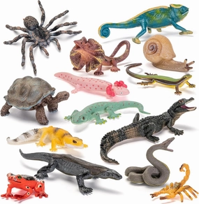 14PCS Reptile Animal Figurines Toys, Desert Amphibians Diorama Toys with Axolotl,Lizard,Snake,Spider,Komodo Dragon,Alligator Rainforest Cold Blooded Animals Figures Party Favor for Kids