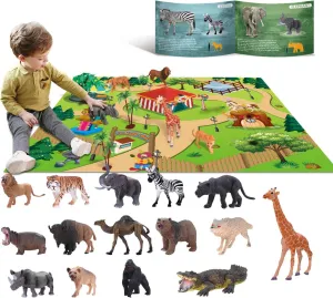 15 Animal Toys for Boys Realistic Safari Animals Farm Zoo Educational Toy Gift with Play Mat for 2 3 4 5 6 7 Year Old Girls Toddlers Kids