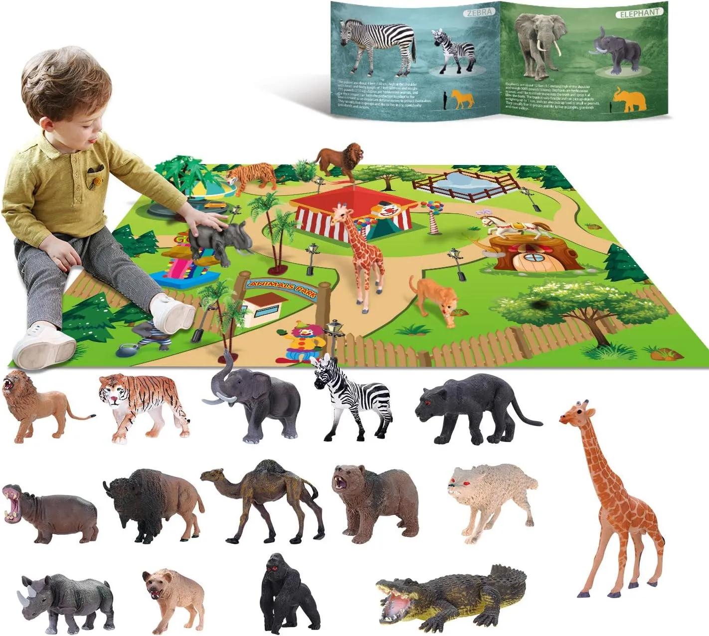 15 Animal Toys for Boys Realistic Safari Animals Farm Zoo Educational Toy Gift with Play Mat for 2 3 4 5 6 7 Year Old Girls Toddlers Kids