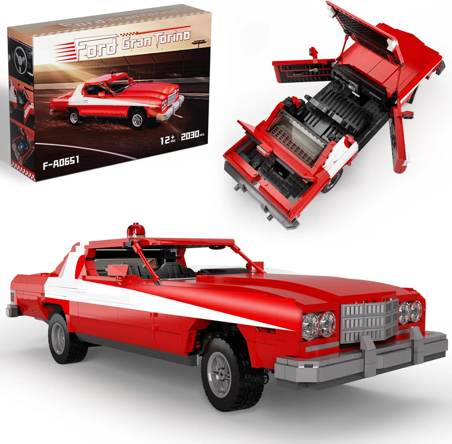 1975 Gran Torino Car Building Set, 2-in-1 Red Ord Collection, Block Kit for Home Decor, Age 12  (2030pcs)