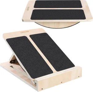 2-in-1 Professional Slant Board & Balance Board, Wooden Adjustable Incline Board Wobble Board Standing Desk Calf Stretcher for Squats Stretching Leg Knees Heel Ankle