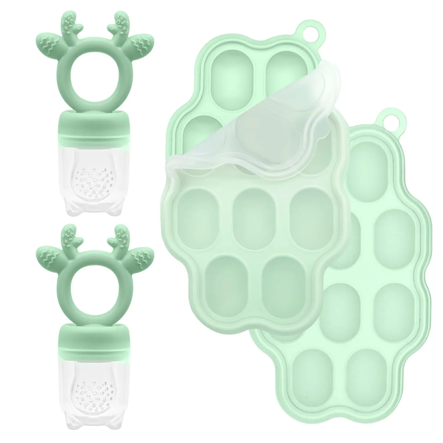 2 Sets Silicone Breastmilk Popsicle Molds with Baby Food Feeder, BPA Free Fruit Feeder Pacifier with Frozen Ice Tray for Baby Feeding Safely, Infant Fruit Teething Toy for Baby Boy Girl Gifts (Green)