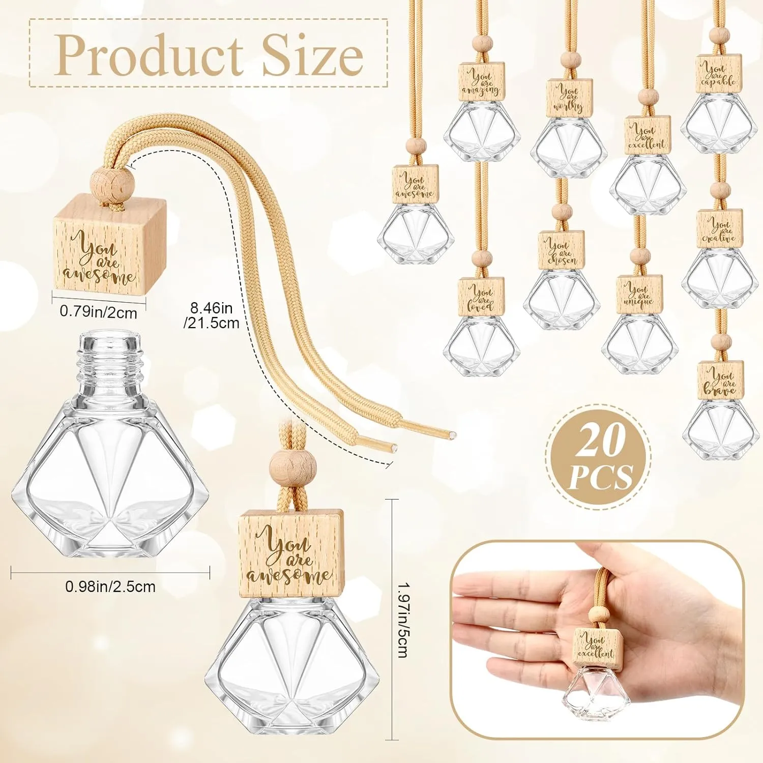 20 Pcs Appreciation Gifts Bulk Car Diffuser Air Freshener Ornament Hanging Empty Glass Essential Oil Bottle Employee Thank You Gift for Teacher Students Graduation Nutritionist