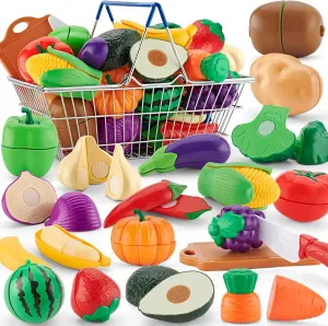 20 Pcs Pretend Play Cutting Food Set Toys for Boys Girls Toddlers Age 3 4 5 Kitchen Set Fruits Vegetable with Stainless Steel Basket