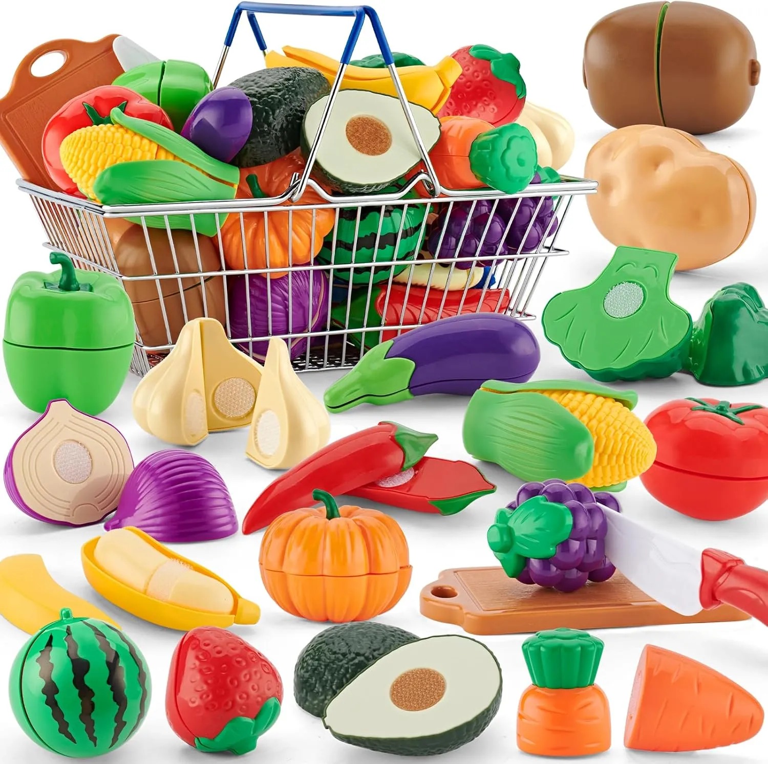 20 Pcs Pretend Play Cutting Food Set Toys for Boys Girls Toddlers Age 3 4 5 Kitchen Set Fruits Vegetable with Stainless Steel Basket