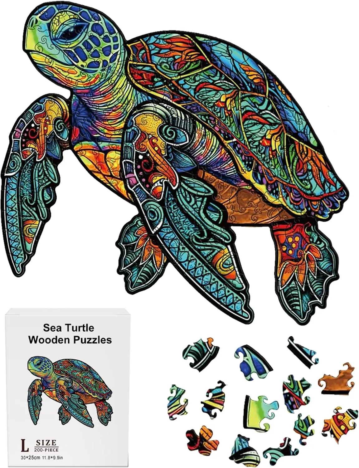 200 Piece Puzzles for Kids, 11.8x9.8 Inches Wooden Sea Turtle Jigsaw Puzzles, Ocean Turtle Puzzle for Family Game, Sea Animal Puzzle with Drawstring Bag and Gift Box for Birthday Gift