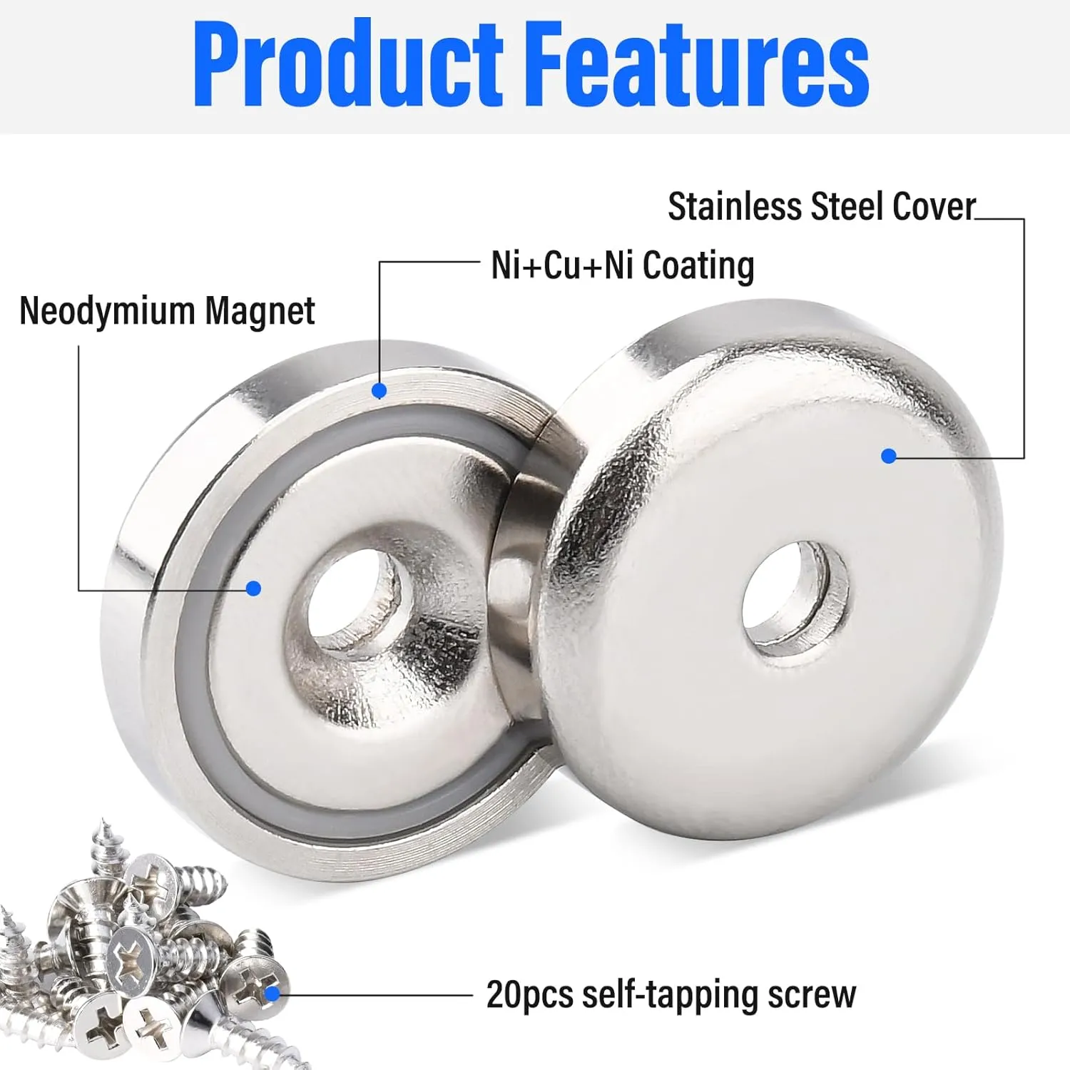 20Pcs Super Strong Round Base Cup Neodymium Magnets with Holes,0.63"(16mm) Ring Rare Earth Magnets Heavy Duty, Countersunk Holes Pot Magnet with Screw for Kitchen Craft Wood DIY Holding Tools Hanging