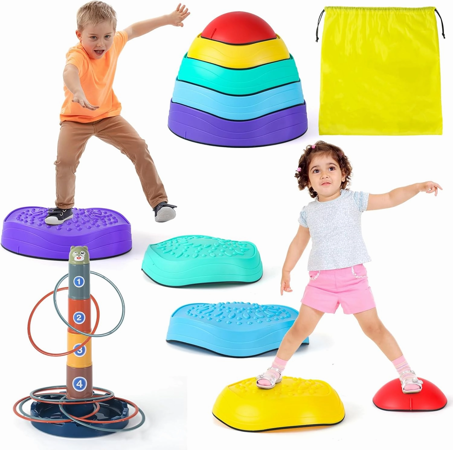 21 PCS Toddler Balance Stepping Stones for Kids & Ring Toss Toy Set, Upgraded Non-slip Sensory Stepping Stones Obstacle Course Indoor and Outdoor Play for Kids Age 3 4 5 6 7 8
