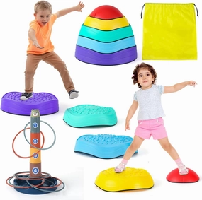 21 PCS Toddler Balance Stepping Stones for Kids & Ring Toss Toy Set, Upgraded Non-slip Sensory Stepping Stones Obstacle Course Indoor and Outdoor Play for Kids Age 3 4 5 6 7 8