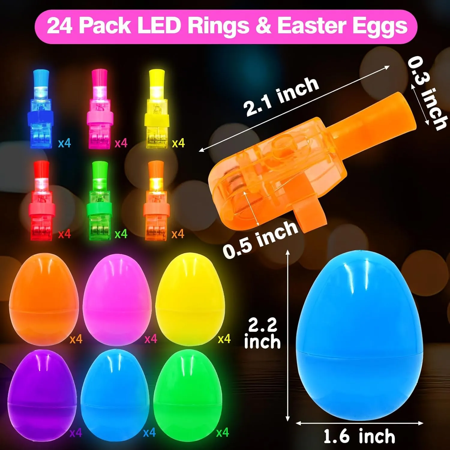 24 Pack Easter Eggs Filled LED Finger Lights, LED Light Up Toys Bulk Glow In The Dark Toy Toddler Teens Boys Girls Hunt Filling Treats Party Favor Easter Basket Stuffers