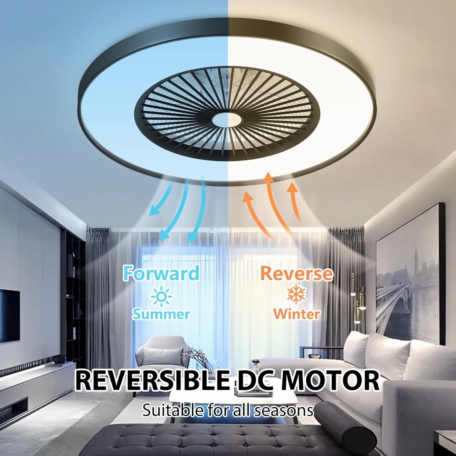 24" Low Profile Ceiling Fan with Light, Bladeless Ceiling Fan with with Alexa, Remote/APP/Voice Control, Modern Flush Mount Ceiling Fans Dimmable Color Chaning LED-RGB Ambient Light Black