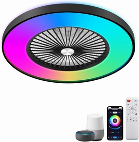 24" Low Profile Ceiling Fan with Light, Bladeless Ceiling Fan with with Alexa, Remote/APP/Voice Control, Modern Flush Mount Ceiling Fans Dimmable Color Chaning LED-RGB Ambient Light Black