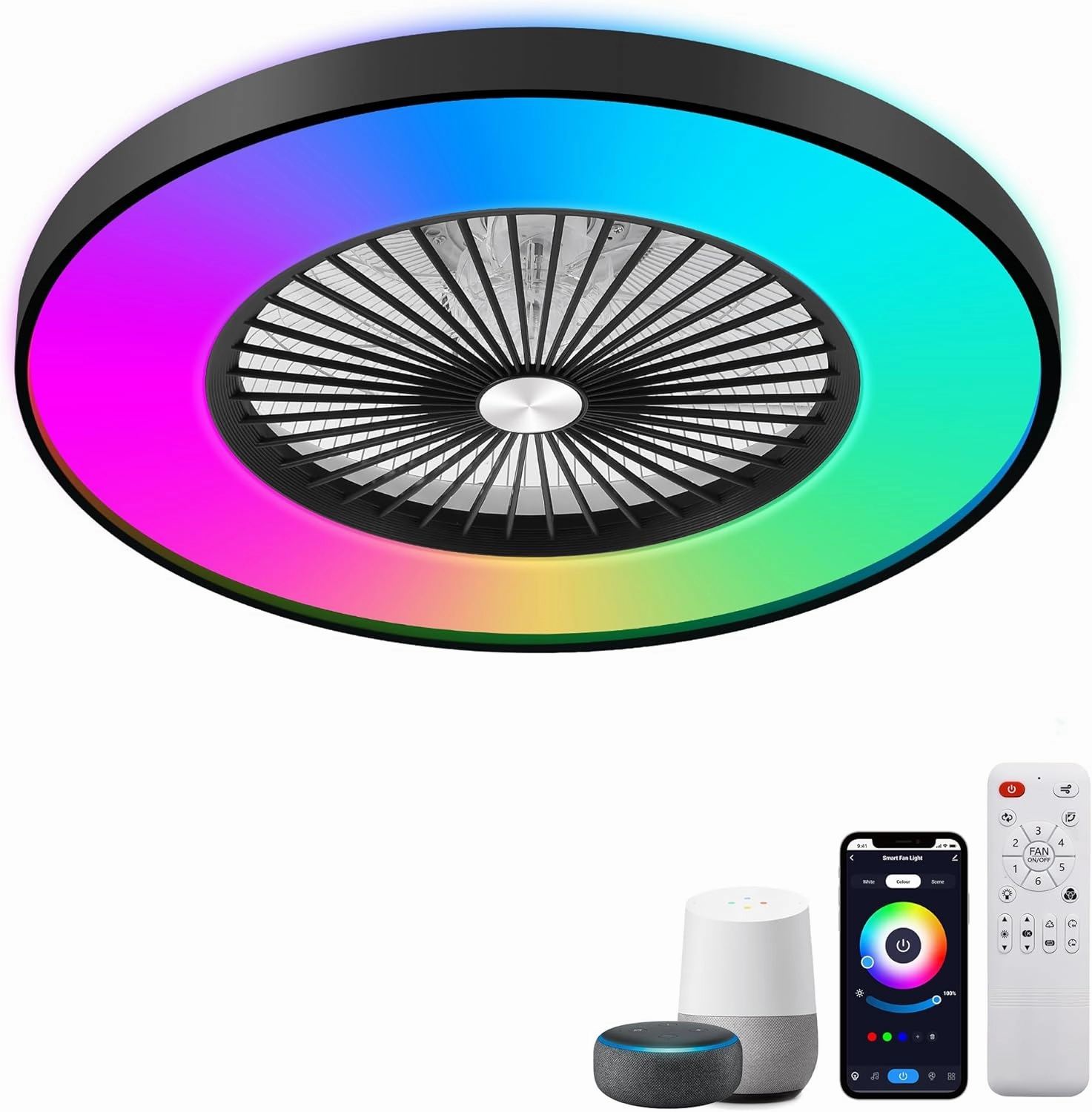 24" Low Profile Ceiling Fan with Light, Bladeless Ceiling Fan with with Alexa, Remote/APP/Voice Control, Modern Flush Mount Ceiling Fans Dimmable Color Chaning LED-RGB Ambient Light Black