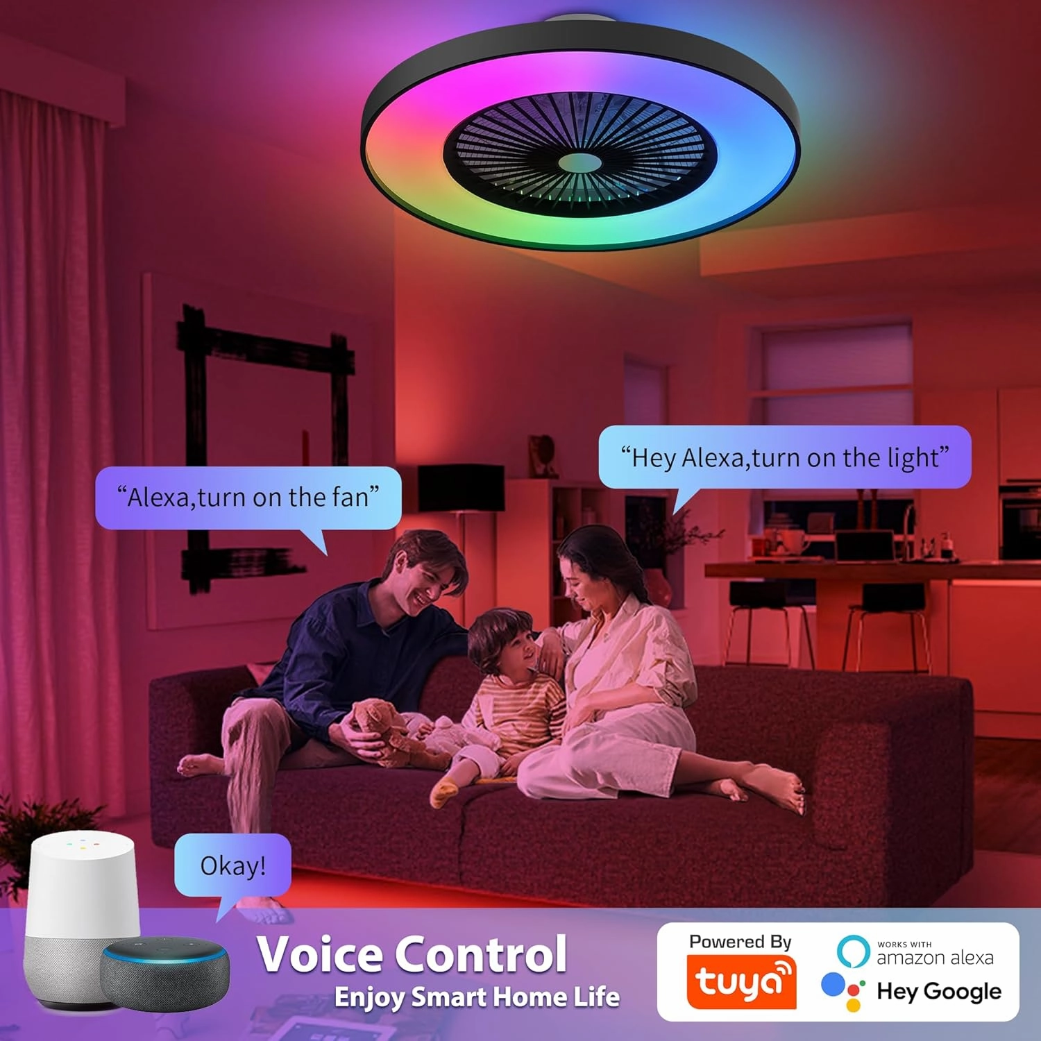 24" Low Profile Ceiling Fan with Light, Bladeless Ceiling Fan with with Alexa, Remote/APP/Voice Control, Modern Flush Mount Ceiling Fans Dimmable Color Chaning LED-RGB Ambient Light Black