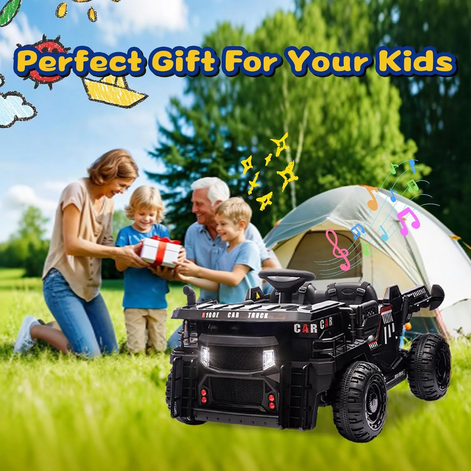 24V Kids Ride on Dump Truck with Remote Control, 2 Seater Kids Electric Car, 400W Power Wheels, Electric Dump Bed & Shovel, Bluetooth Music, Shock Absorption (Black)