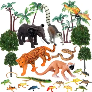 25 Pcs Rainforest Diorama Animals Figures Toys Set Assorted Creatures Rainforest Diorama Supplies Animals Model Trees for Birthday Party Favors, Piñata Fillers