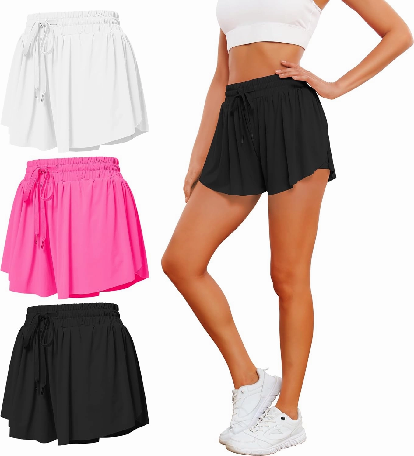 2 in 1 Flowy Athletic Shorts for Women - Gym Double Layer Butterfly Shorts Pack