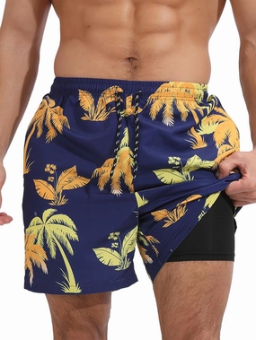 2 in 1 Men's Hawaii Print Swim Trunks with Compression Liner 5" Bathing Suits Quick Dry Shorts with Pockets