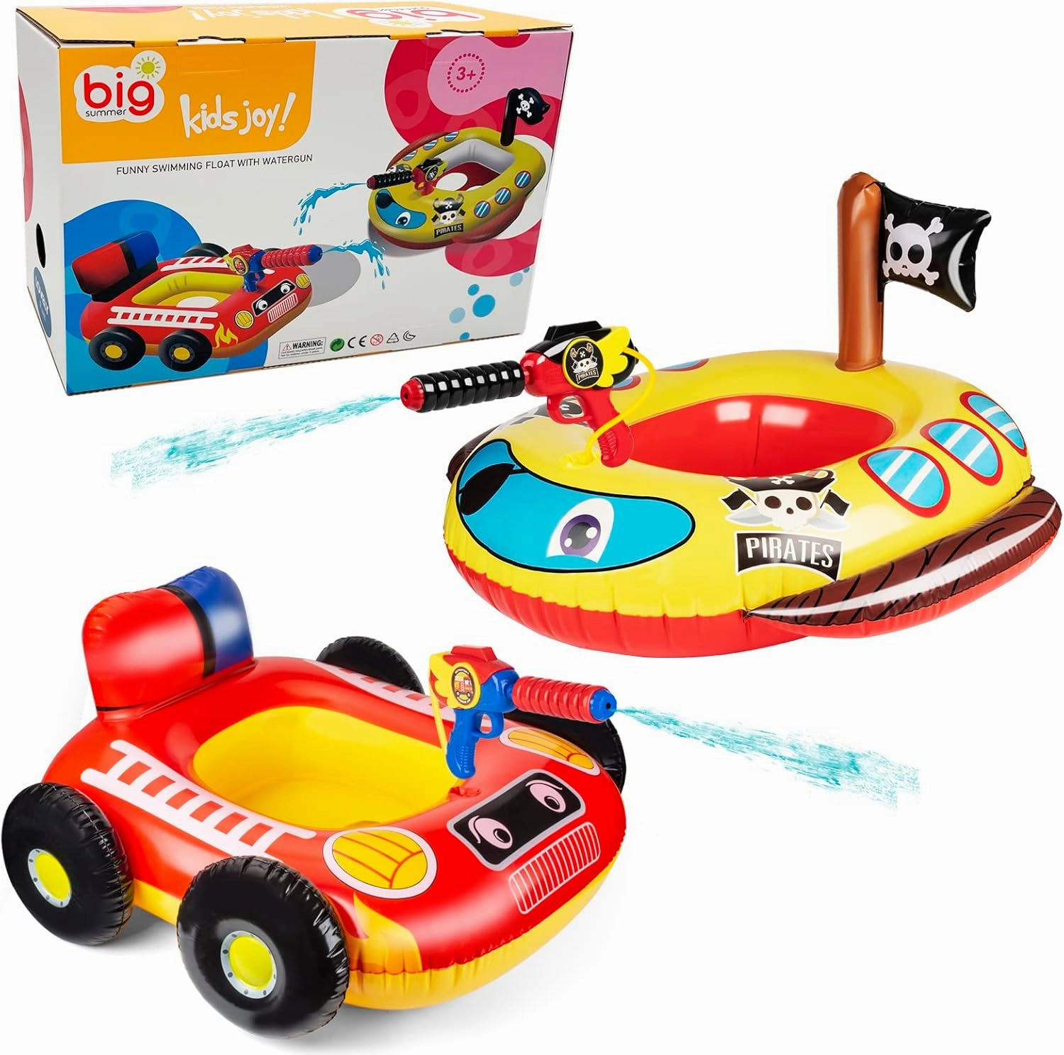 2 Pack Inflatable Kids Pool Floats with Water Gun, Pool Toys for Kids Ages 4-8, Blow Up Toddler Pool Floats, Swimming Pool Game Toys, Fire Truck and Pirate Ship Floaties for Boys Girls and Child