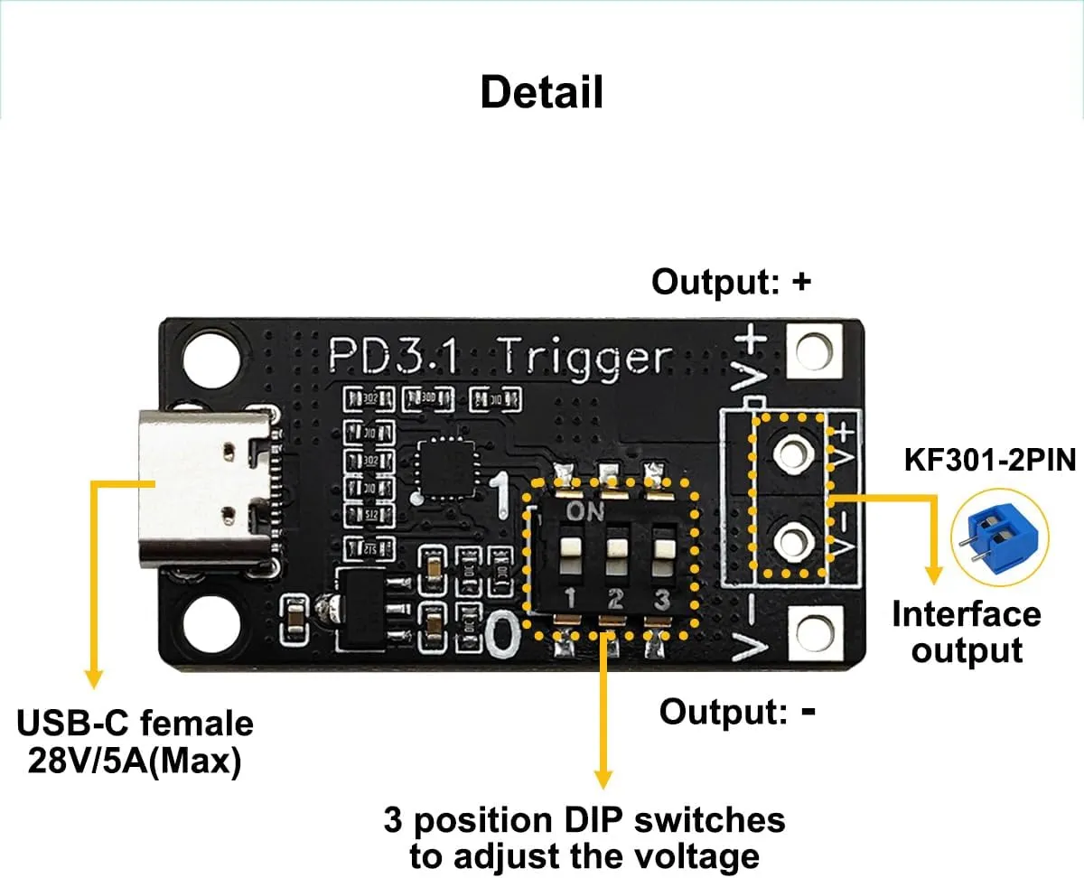 2PCS USB-C PD3.0/3.1 QC Trigger Module Female Input 5V 9V 12V 15V 20V 28V 5A Adjustable Voltage Power PD Sink Board Fast Charge Power Trigger