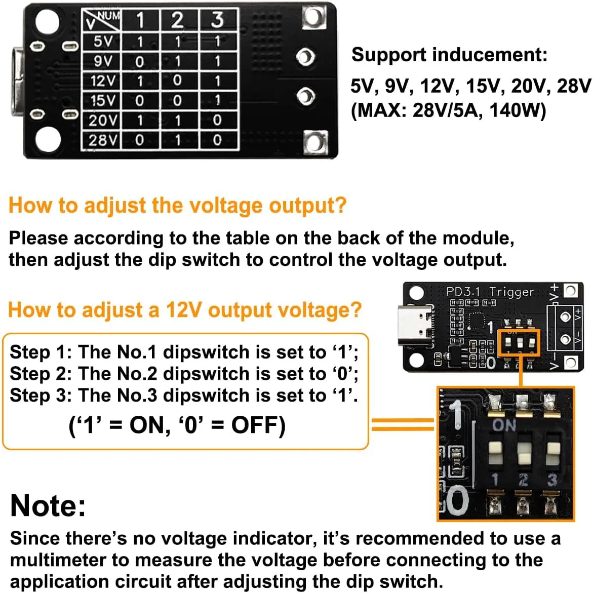 2PCS USB-C PD3.0/3.1 QC Trigger Module Female Input 5V 9V 12V 15V 20V 28V 5A Adjustable Voltage Power PD Sink Board Fast Charge Power Trigger
