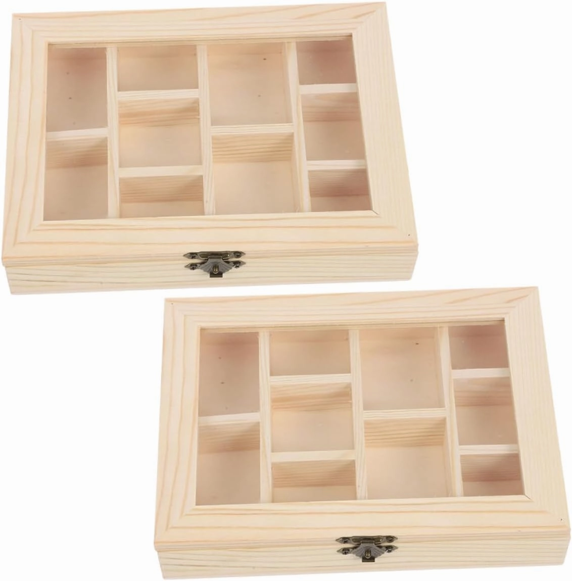 2pcs Unfinished Wooden Jewelry Organizer Box with Transparent Lid Compartments for Craft DIY for Rooms and Creative Projects