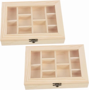 2pcs Unfinished Wooden Jewelry Organizer Box with Transparent Lid Compartments for Craft DIY for Rooms and Creative Projects