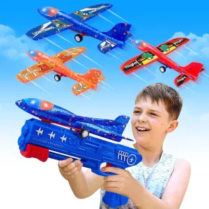 3 Pack Airplane Launcher Toys, 2 Flight Modes LED Foam Glider Catapult Plane, Outdoor Flying Toy for Kids, Birthday Gifts for Boy Girl 6  Year Old, B-Day Party Supplies