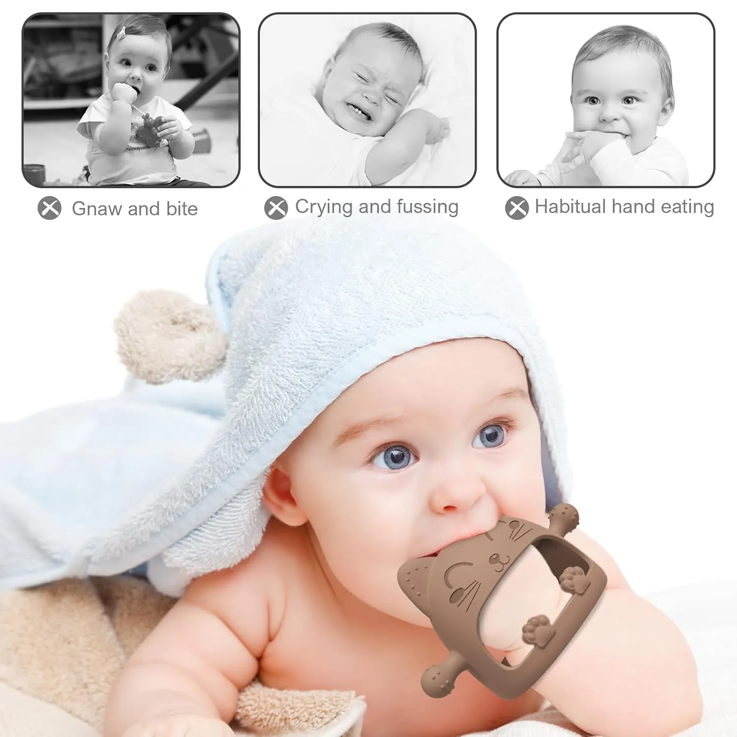3 Pack Baby Teether-Cartoon Teethers for Babies 0-6 Months, Baby Teething Toys,Baby Chew Toys for Teething Relief,Baby Toys 0-6 Months,Ideal Baby Travel Essentials for Newborn &Moms(Cartoon Cat)