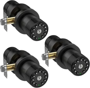 3 Pack Black Key Alike Keyless Electronic Door Knobs with Backlit Keypad, Heavy-Duty Lock, Auto-Lock, Weather Resistant