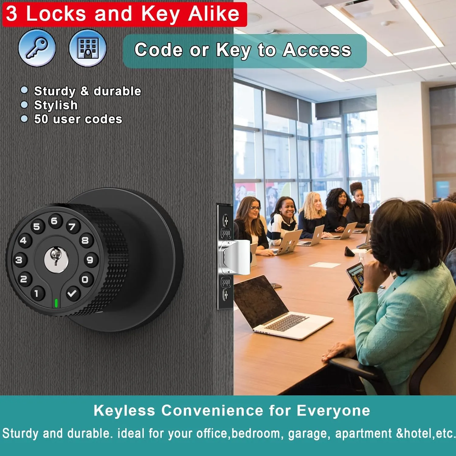 3 Pack Black Key Alike Keyless Electronic Door Knobs with Backlit Keypad, Heavy-Duty Lock, Auto-Lock, Weather Resistant