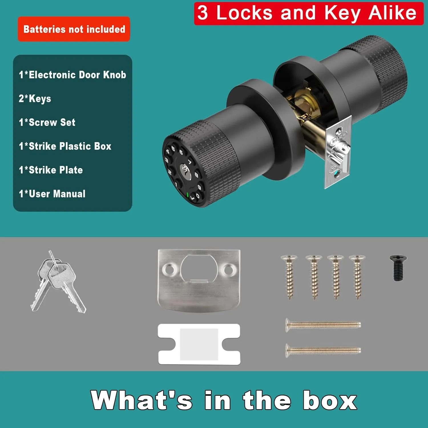 3 Pack Black Key Alike Keyless Electronic Door Knobs with Backlit Keypad, Heavy-Duty Lock, Auto-Lock, Weather Resistant