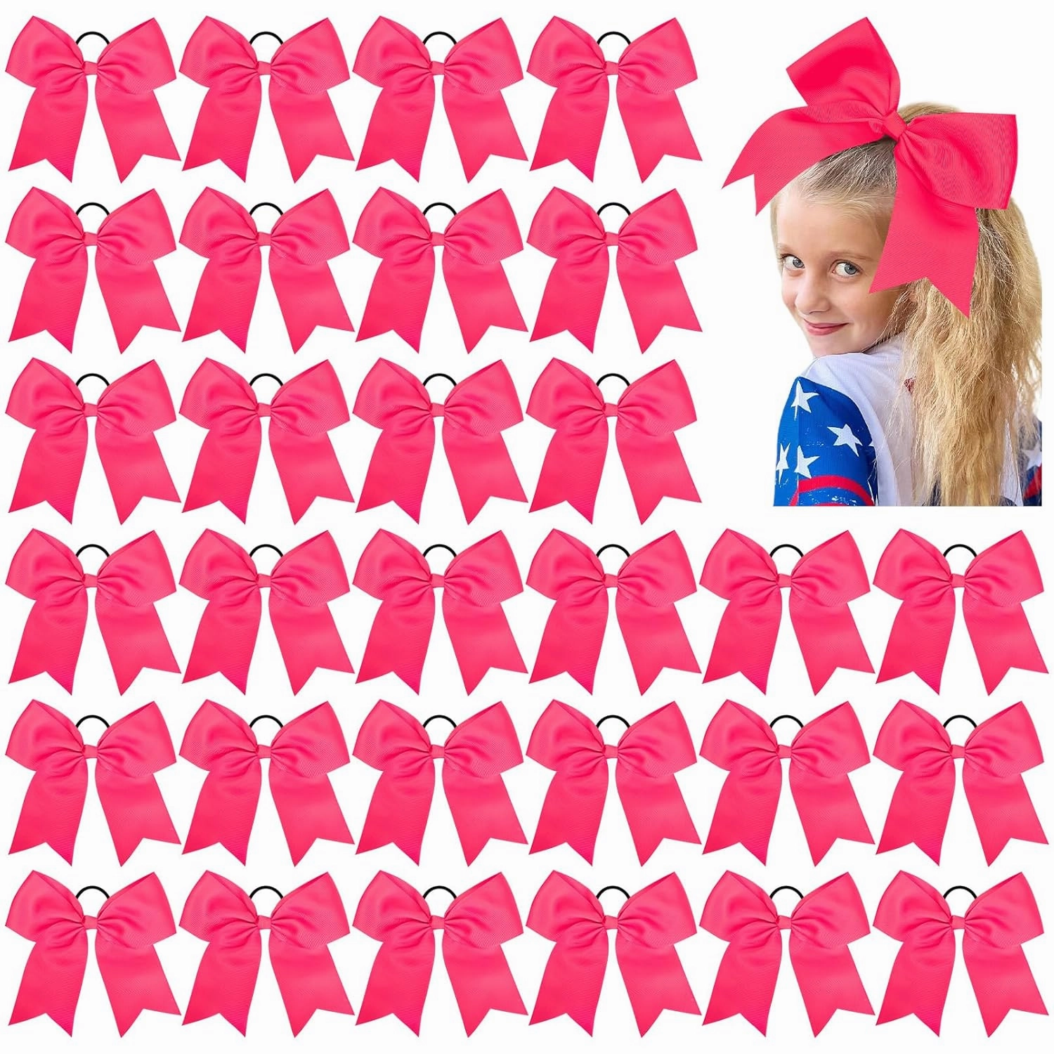30PCS 8" Large Cheer Bows Hot Pink Cheerleading Bows Girl Hair Bows with Ponytail Holder Bow Hair Ties for Cheerleaders SoftbalCompetition Sports