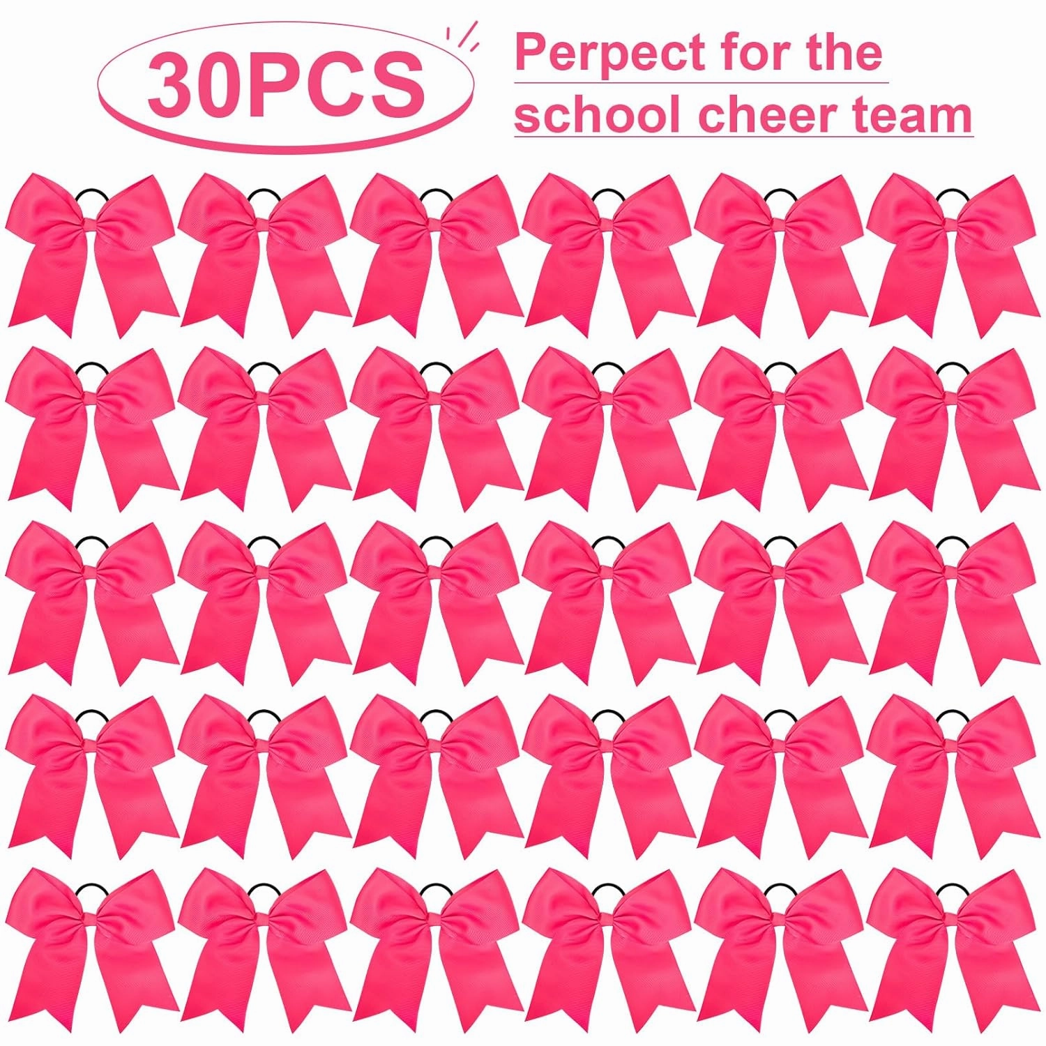 30PCS 8" Large Cheer Bows Hot Pink Cheerleading Bows Girl Hair Bows with Ponytail Holder Bow Hair Ties for Cheerleaders SoftbalCompetition Sports
