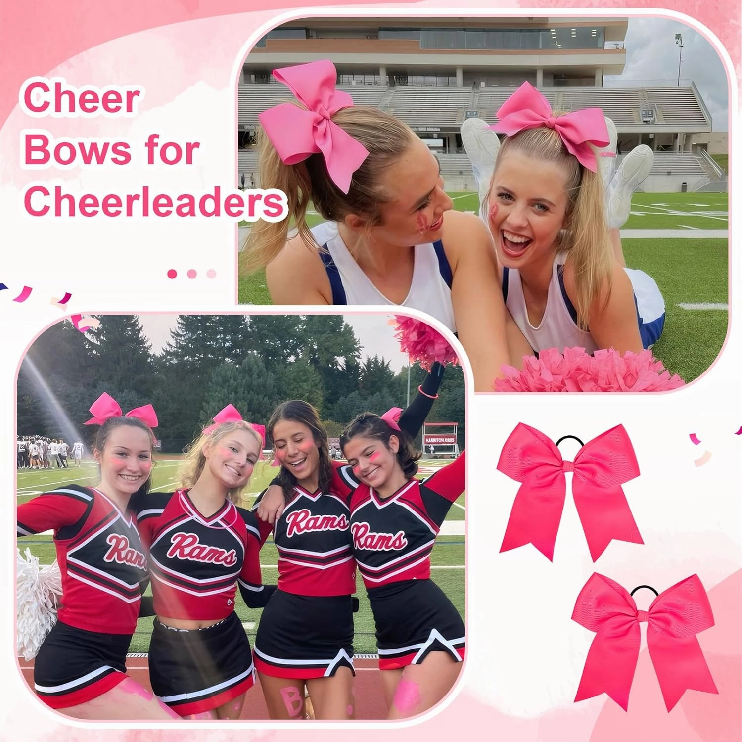 30PCS 8" Large Cheer Bows Hot Pink Cheerleading Bows Girl Hair Bows with Ponytail Holder Bow Hair Ties for Cheerleaders SoftbalCompetition Sports